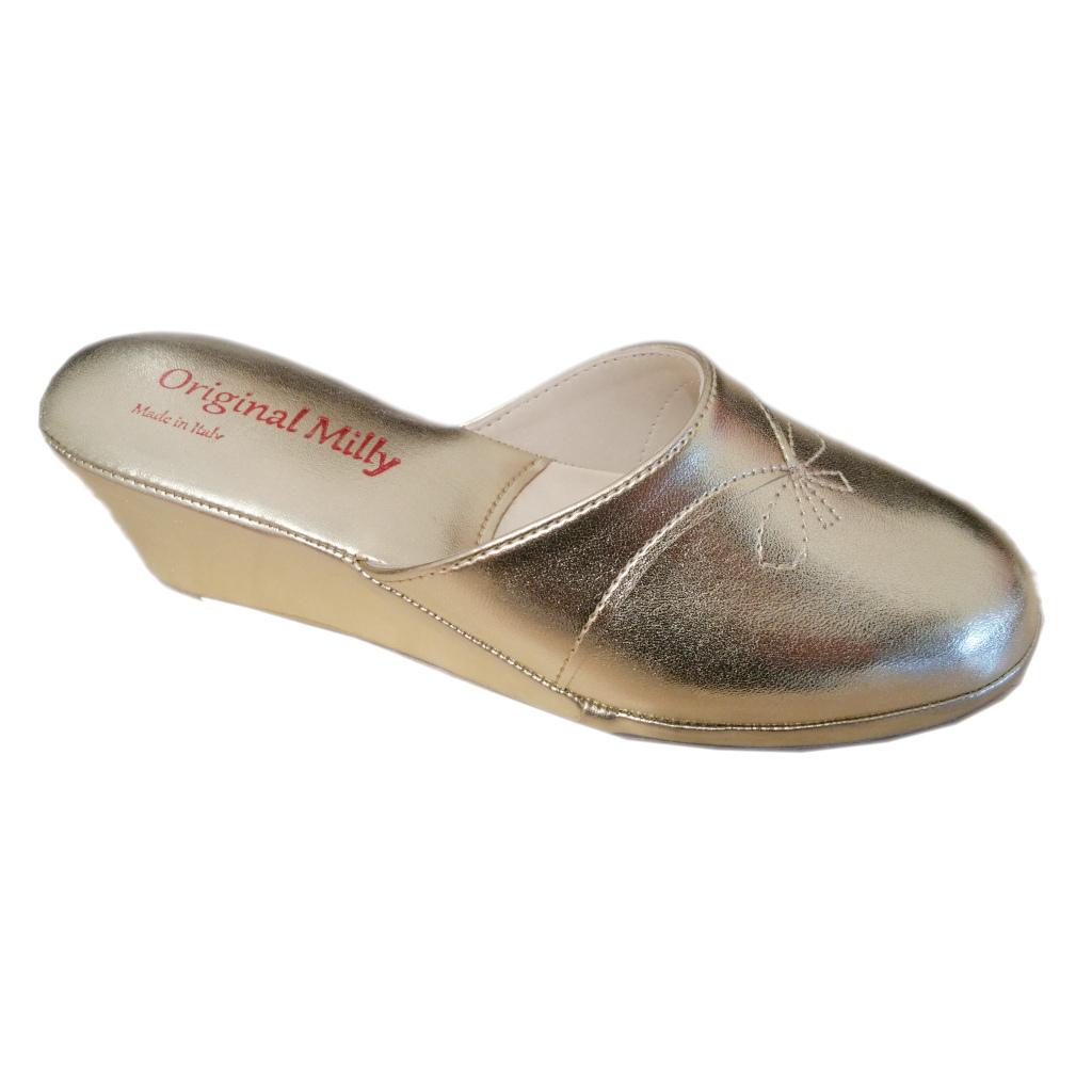 Close slipper: MILLY 3000 handmade slipper with buffalo sole, 5 cm gold heel