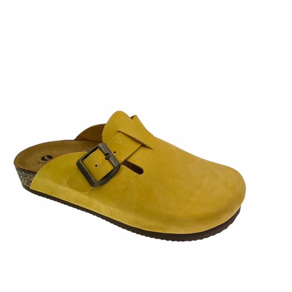 Close slipper: DE FONSECA ASOLO yellow ocher sabot clog cork wedge buckle