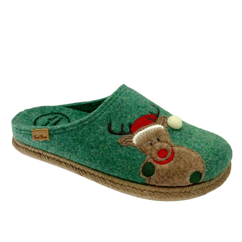 Close slipper: TONI PONS SLIPPERS MIRI NOEL slipper in green wool with free  reindeer stocking