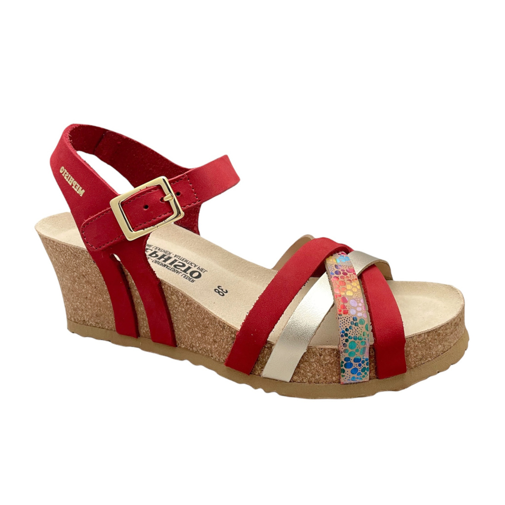 Sandals: MEPHISTO LANNY sandal for woman multicolored scarlet with tear-off  cork wedge