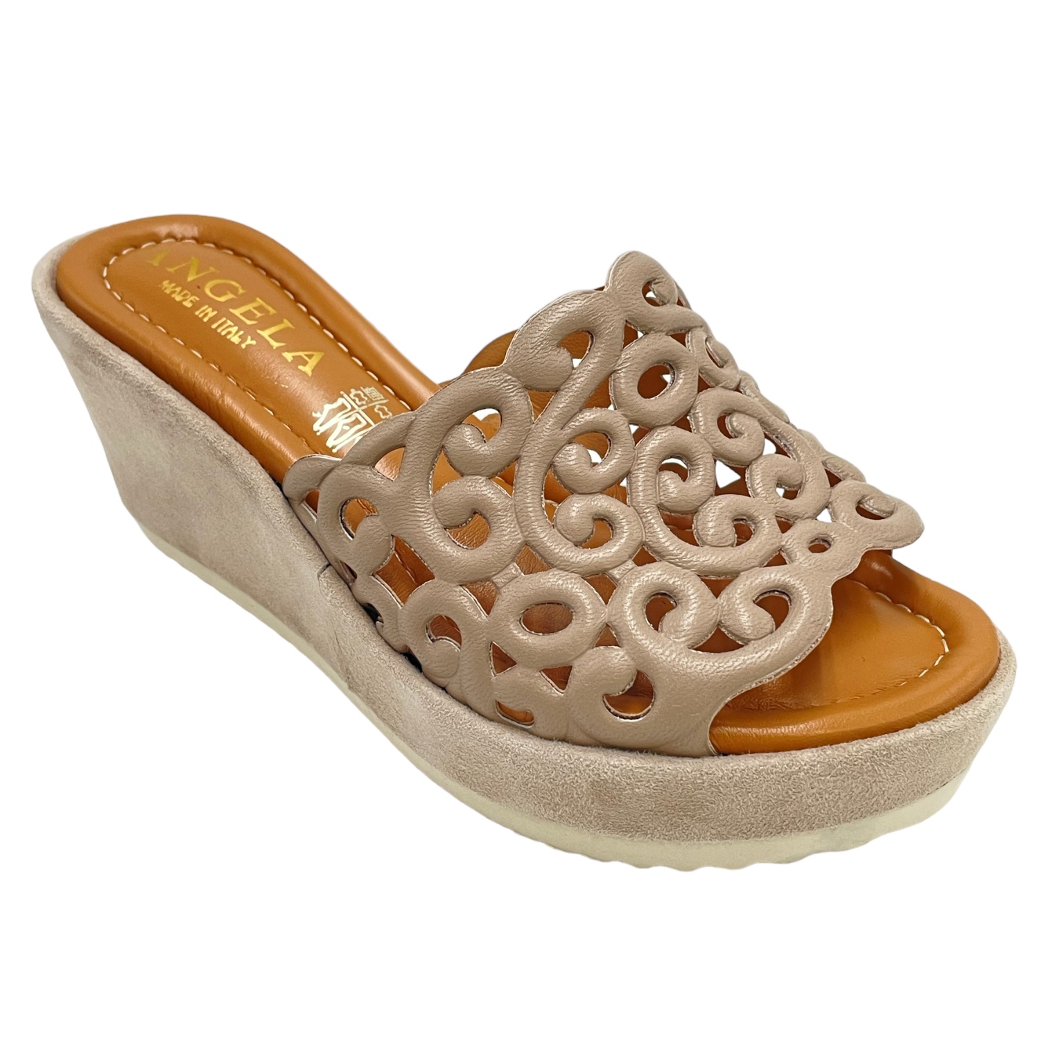 Ciabatte aperte: Angela Calzature scarpe a ciabatta in pelle colore beige  tacco alto 8-11 cm numero 34 donna made in italy numeri speciali