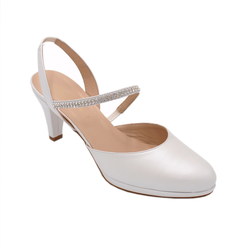 Decoltè: Angela calzature Sposa sandali in pelle colore bianco tacco medio  4-7 cm Tomaia Esterna Perlato Bianco da Sposa numeri standard