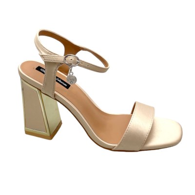 GMV sandalo per donna  in raso champagne   con laccetto a caviglia tacco gioiello