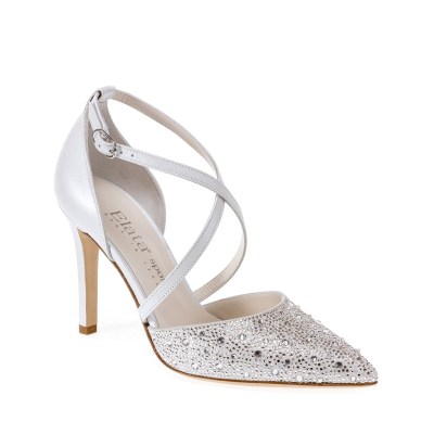 ELATA SPOSA S2002 scarpa sandalo per donna da sposa cerimonia ballo con  laccetti pelle bianca  tempestata di cristalli e strass  principessa